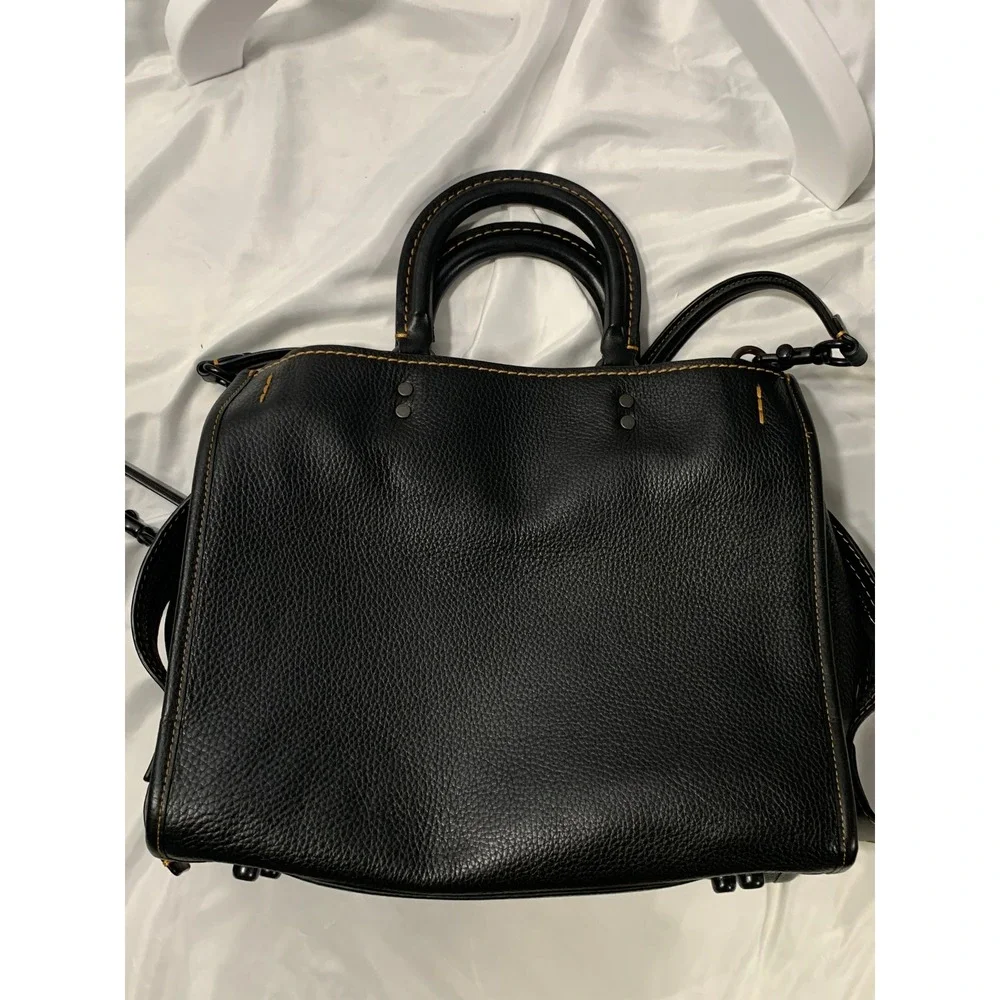 Coach Rogue 31 Black Glovetanned Pebble Leather Tea Rose Floral Satchel Bag